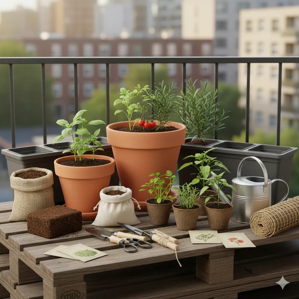 Urban Balcony Starter Kit with essential containers and plants